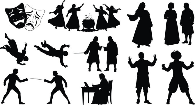 Silhouette illustration of theater masks, dramatic figures, fencing duel, witches dancing, playwright writing, expressive performance art vector design