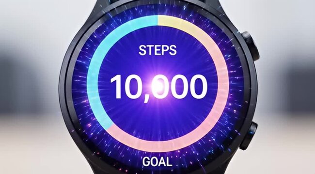 Smartwatch Fitness Tracker Displaying 10,000 Steps Goal Achieved, Digital Health Monitoring Screen, Active Lifestyle Technology