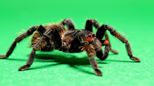 Colorful Tarantula Spider Crawling on Bright Green Studio Background