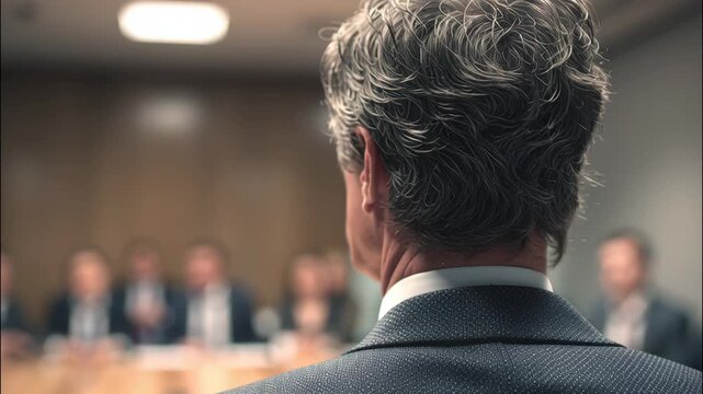 Businessman presenting to a team in office boardroom during meeting  
