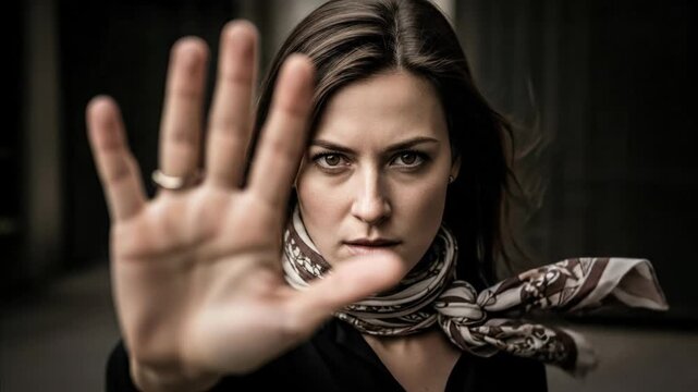 Woman holding hand up in stop gesture, serious expression, warning, boundary, no, protest