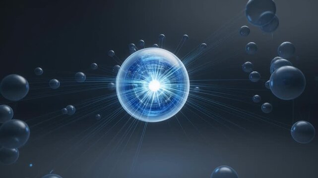 A mysterious glowing orb surrounded by floating spheres in a dark space