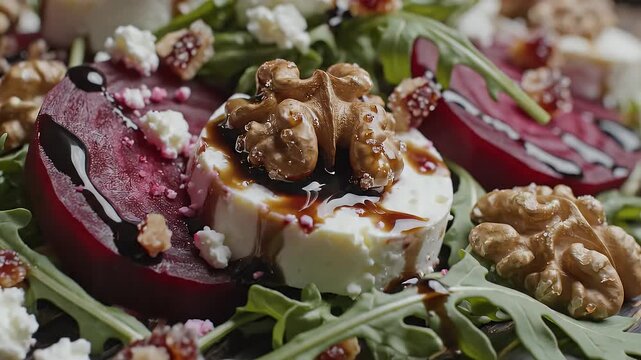 Vibrant gourmet beetroot goat cheese salad with candied walnuts arugula balsamic glaze on rustic wood