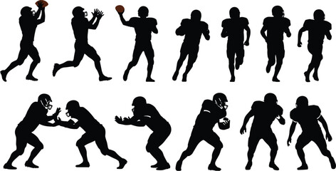 Fototapeta premium Silhouettes of American football players in dynamic action poses, sports activity concept, athletic motion study, gameplay illustration design