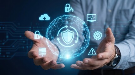 Fototapeta premium Cybersecurity, data protection, network security, digital safety, cloud computing, privacy, encryption concept showing hands holding glowing shield and futuristic digital icons.