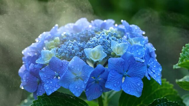 Close up of a vibrant blue hydrangea flower with water droplets.
