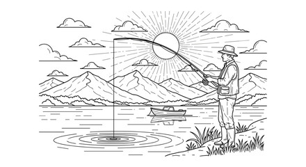 Fototapeta premium Man fishing with rod and reel on lake shore with mountains and sun rays in background serene outdoor activity and hobby