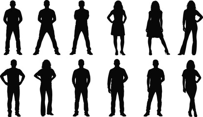 Group of people silhouettes in various standing poses, diverse attire, body language study, vector illustration, human posture art design © MdKhaledur