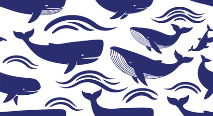 Blue whale vector pattern seamless background, marine animal illustration for kids and decor © azad