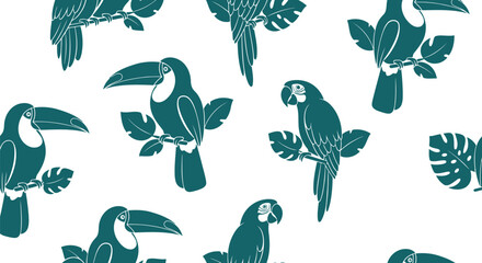 Obraz premium Tropical toucan and parrot seamless vector pattern with jungle leaves on white background