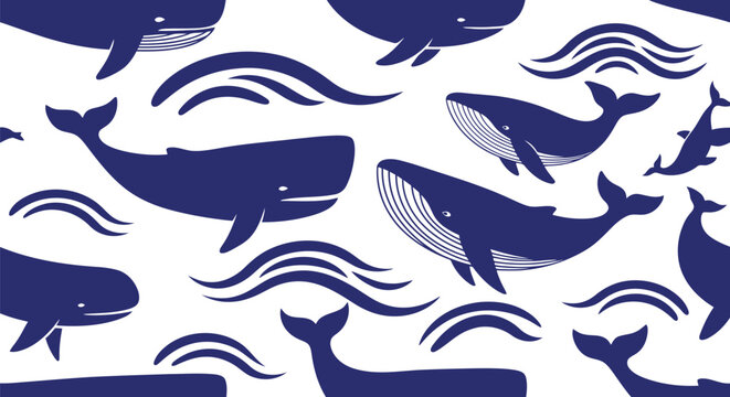 Blue whale vector pattern seamless background, marine animal illustration for kids and decor