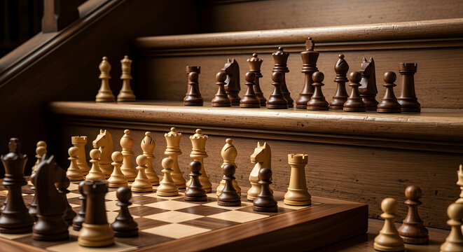 Wooden chess pieces arranged on stairs representing strategy and competition perfect for concepts of planning and decision making