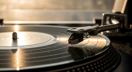 Obraz premium Vintage vinyl record player with record and needle in warm light