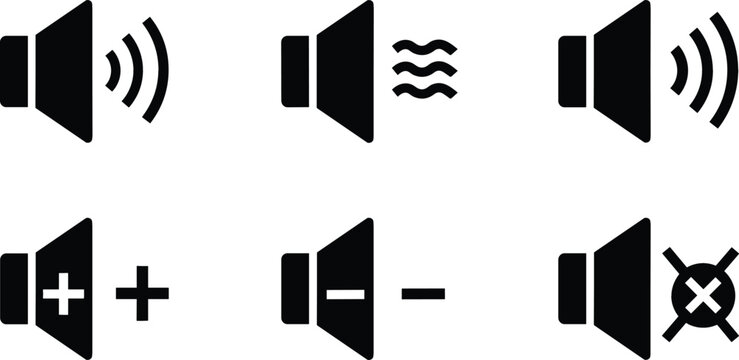 Speaker Volume Control Icon Set with Sound Waves Mute Increase and Decrease Symbols in Black Silhouette Style