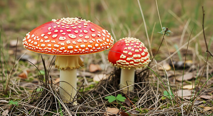 Two red and white spotted mushrooms growing in dry grass and green foliage spots