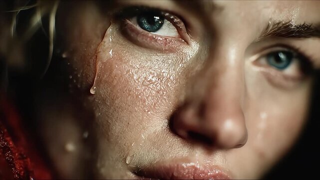 A poignant close-up of a woman shedding tears. This image evokes feelings of sadness and vulnerability, ideal for illustrating themes of emotional dis
