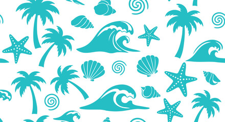 Obraz premium Tropical beach vector pattern with palm trees, waves, shells, and starfish seamless design