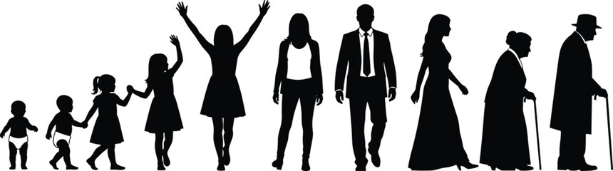 Human life stages silhouettes, vector illustration showing progression from baby to elderly with diverse poses, clothing, and aging representation