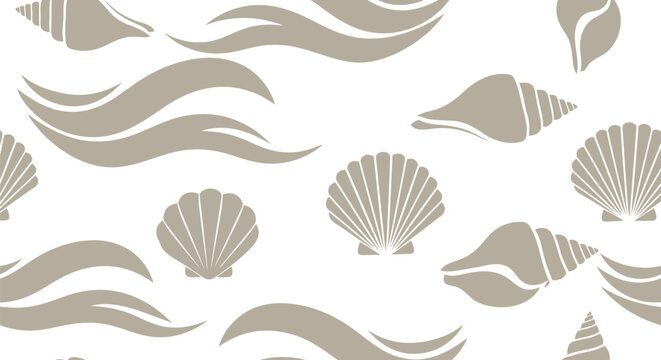 Seashell and Wave Vector Pattern in Beige Seamless Nautical Background Design