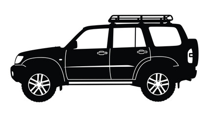 A black silhouette of a four door suv with roof rack isolated on white background, Vector © JASMIN