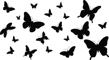 Butterfly silhouette collection with scattered flight pattern, symbolizing transformation, freedom, nature beauty, and artistic decorative design