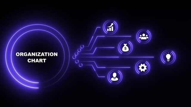 Organization Chart Neon Infographic with Icons and Flowchart on Black Background glowing