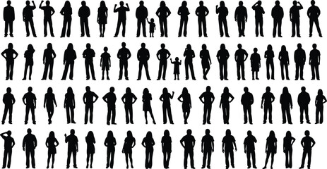 Silhouettes of diverse human figures standing in varied poses, body language concept, posture study, children and adults illustration design © MstSahana