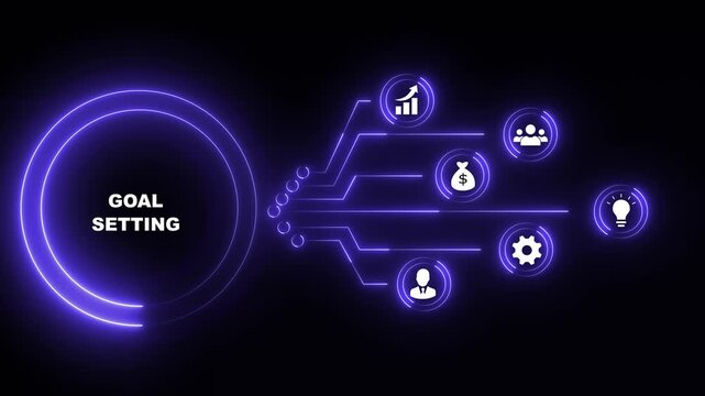 Neon Blue Goal Setting Concept with Business Icons and Flowchart on Black Background objectives planning