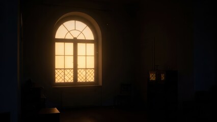 A room that exists only as a memory of light the afterimage of a window's shape burned onto the opposite wall in soft gold, long after the sun has set. The rest of the room is in deep shadow.