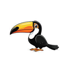 Naklejka premium Cute cartoon toucan illustration, tropical bird character with large orange beak isolated on white