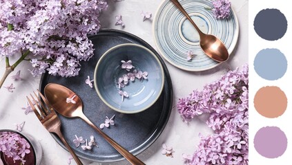 Fototapeta premium Beautiful table setting with lilac flowers on light background. Different color patterns
