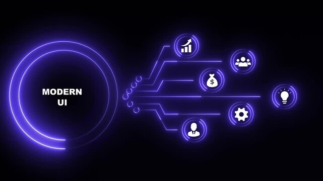 Blue Neon Abstract Modern UI with Business Icons and Data Flow Keywords: abstract, background, modern, ui, red, neon, business, icons, data, flow, technology, network, connection, infographic