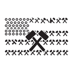 A black and white image of a flag with a gavel