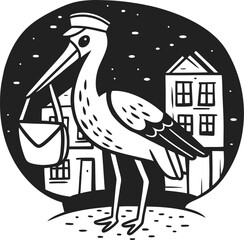 Fototapeta premium stork wearing a cap carrying a bag in its beak, walking in a town under a starry night sky