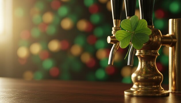 St Patrick's Day, beer tap, clover, shamrock, pub, beer pump, brewery featuring a festive green clover on a brass draft beer dispenser with warm bokeh lights and copy space.