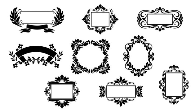 Set of vintage woodcut blank frames, ornate floral borders, elegant ribbon labels, and a heraldic shield crest with lions for classic logo designs
