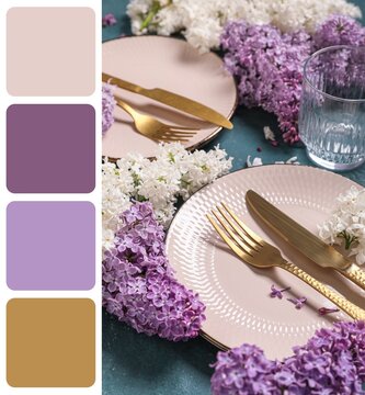 Beautiful table setting with golden cutlery and lilac flowers, closeup. Different color patterns