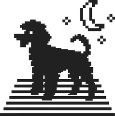 Obraz premium Pixel art dog silhouette standing on striped ground under crescent moon and stars at night