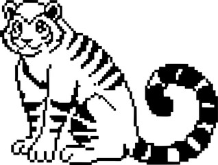 Fototapeta premium pixel art tiger sitting with curled tail, black and white digital illustration