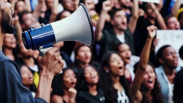 Political activist passionately speaking through megaphone, addressing diverse crowd of protesters raising fists and chanting with intense solidarity during social movement rally