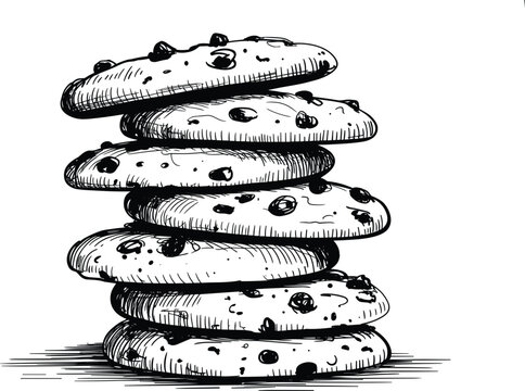 Hand drawn chocolate chip cookies stack, delicious sweet bakery sketch vector, vintage snack dessert illustration