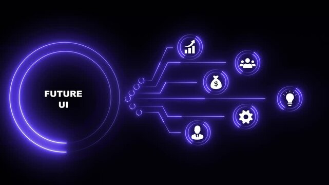 Blue Neon Future UI Infographic with Business Icons on Black Background future ui technology