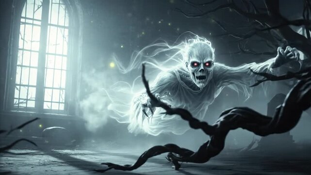 Eerie spectral ghost with glowing red eyes haunting an abandoned room with a large window.