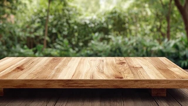 Empty wooden table surface with a blurred green natural background