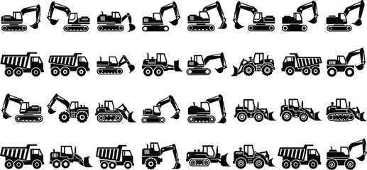 Black heavy machinery and construction vehicle silhouette vector set featuring excavators dump trucks bulldozers and loaders isolated on white background for industrial building site design © Mstmaymunakhatun