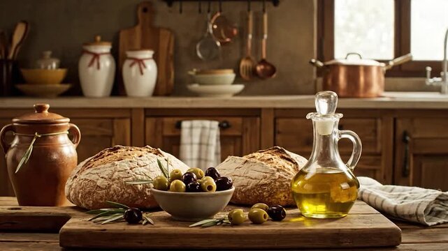 Rustic kitchen scene featuring bread, olives, olive oil, and various kitchen items