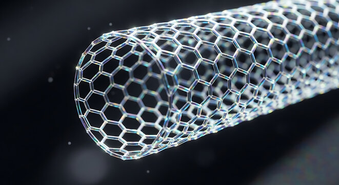Close up of a transparent carbon nanotube structure showing its hexagonal molecular lattice against a dark blurred background with tiny particles