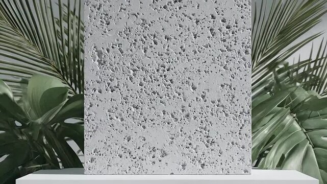 Textured concrete slab on a white pedestal with tropical leaves creating