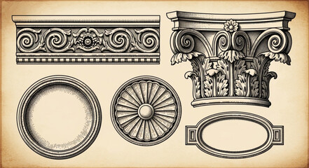 Naklejka premium Antique architectural elements in vintage sketch style.
