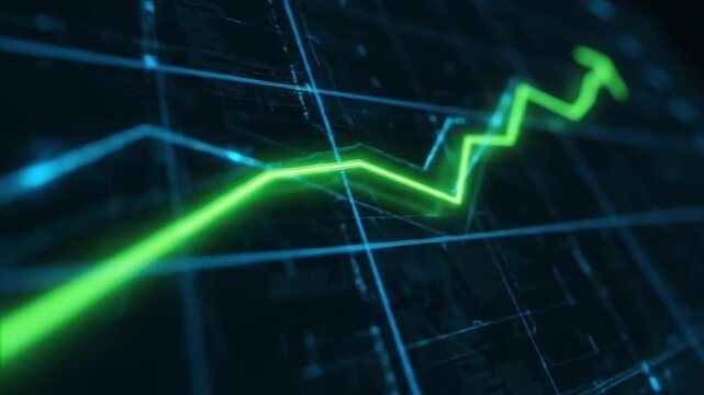 Futuristic digital line chart with a rising green trend on a blue grid background. Concept of business growth, stock market increase, financial analysis, investment performance, data analytics, and ec